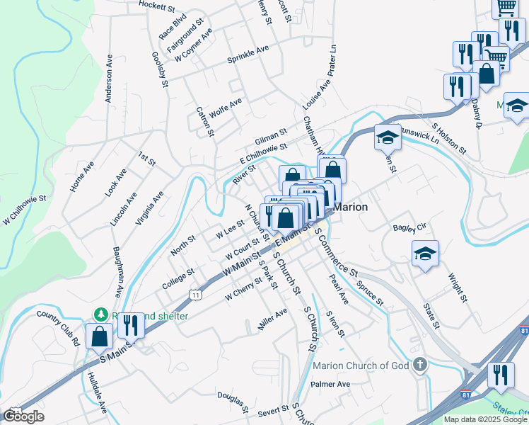 map of restaurants, bars, coffee shops, grocery stores, and more near 116 East Lee Street in Marion