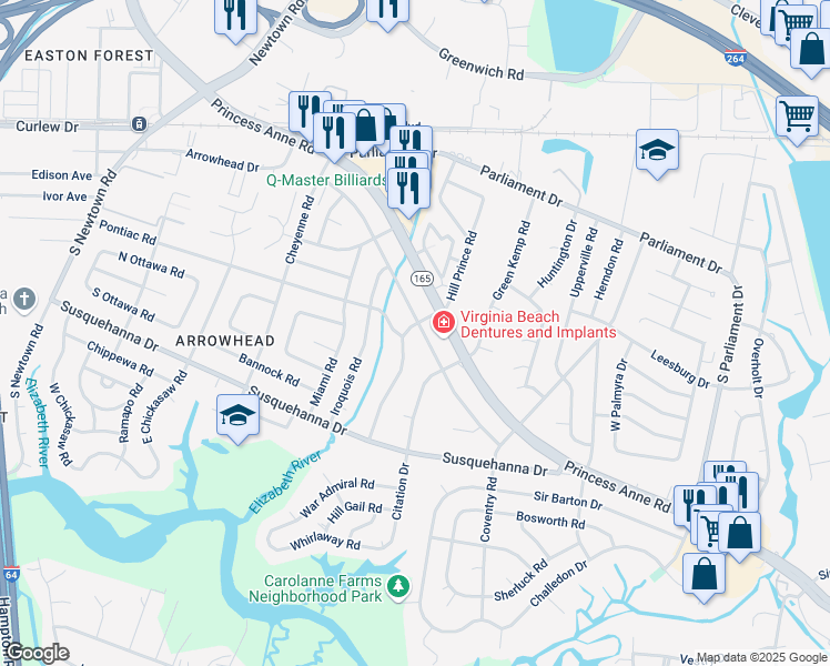map of restaurants, bars, coffee shops, grocery stores, and more near 5509 Hatteras Road in Virginia Beach