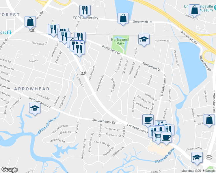 map of restaurants, bars, coffee shops, grocery stores, and more near 208 Newberry Court in Virginia Beach