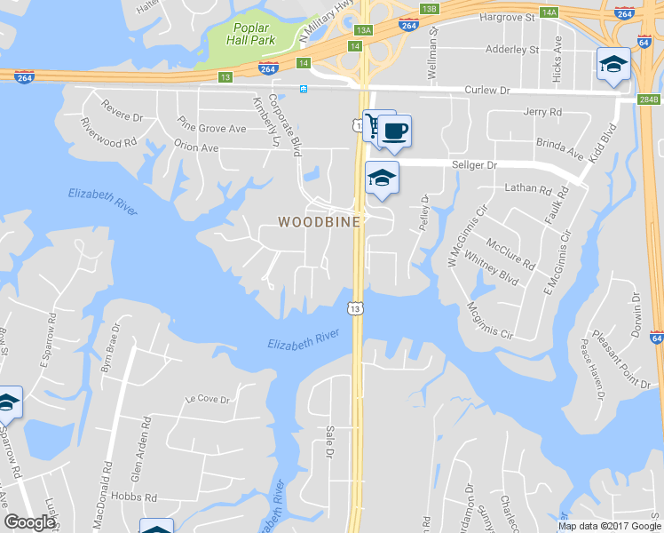 map of restaurants, bars, coffee shops, grocery stores, and more near 295 Corporate Boulevard in Norfolk