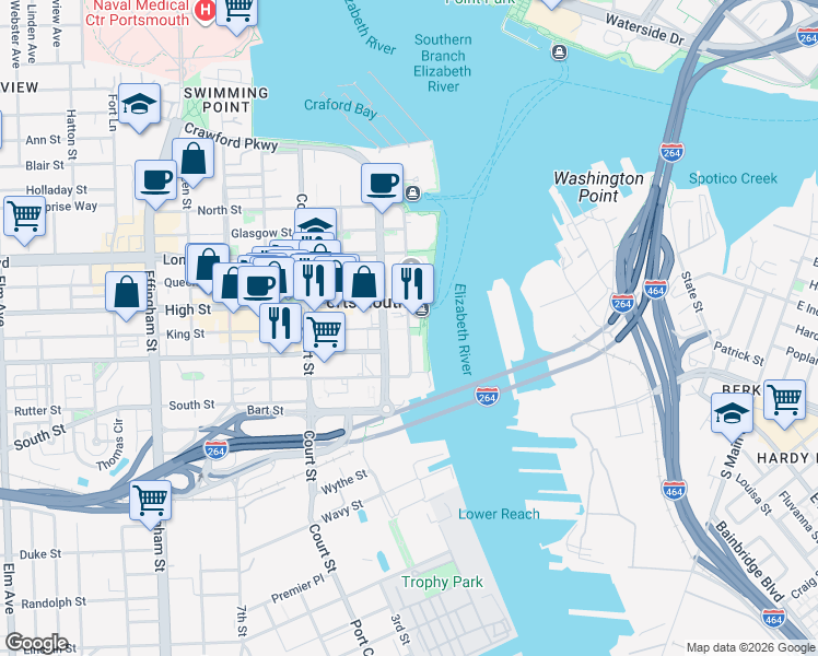 map of restaurants, bars, coffee shops, grocery stores, and more near 1 High Street in Portsmouth