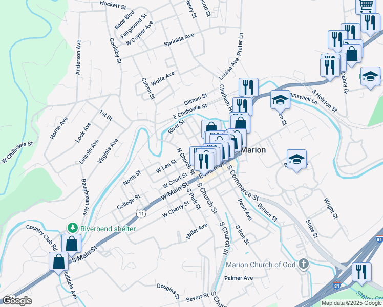 map of restaurants, bars, coffee shops, grocery stores, and more near 116 East Lee Street in Marion