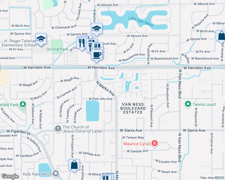 map of restaurants, bars, coffee shops, grocery stores, and more near 6620 North Blosser Avenue in Fresno