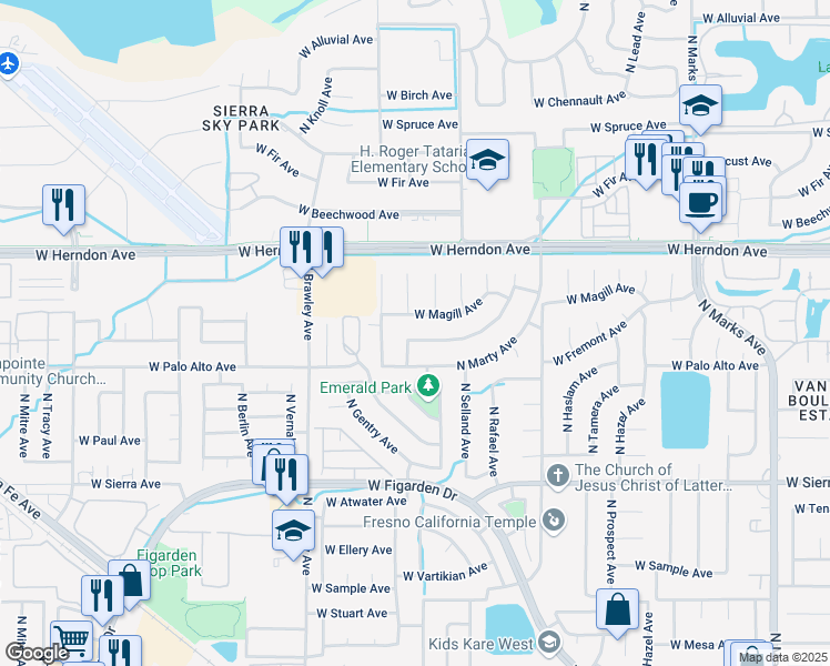 map of restaurants, bars, coffee shops, grocery stores, and more near 6625 North Knoll Avenue in Fresno