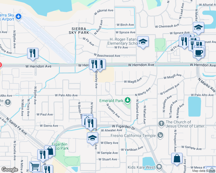 map of restaurants, bars, coffee shops, grocery stores, and more near 3710 West Palo Alto Avenue in Fresno
