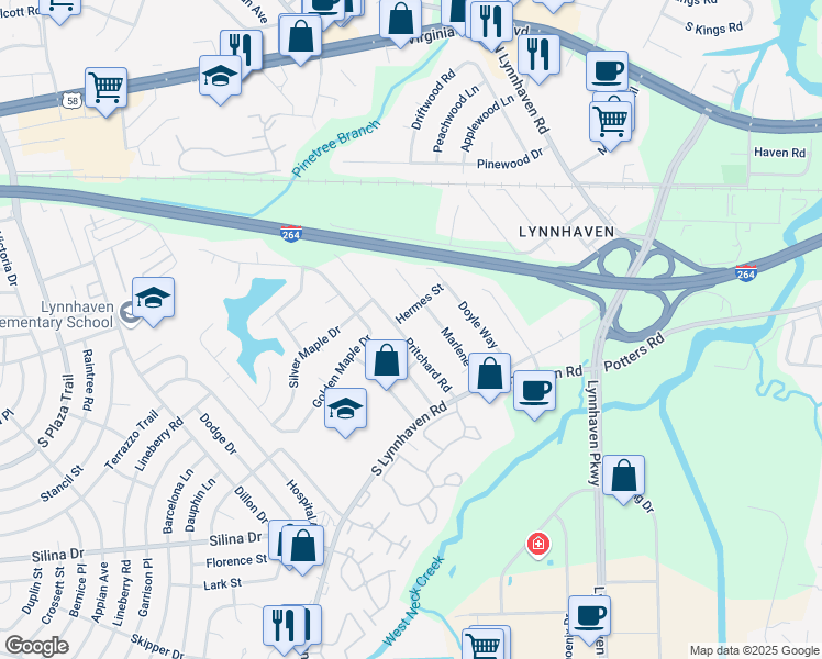 map of restaurants, bars, coffee shops, grocery stores, and more near 256 Pritchard Road in Virginia Beach