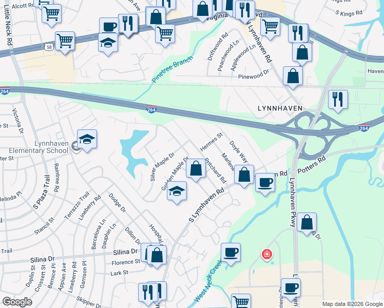 map of restaurants, bars, coffee shops, grocery stores, and more near 3000 Scarlet Oak Court in Virginia Beach
