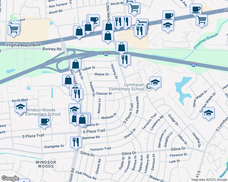 map of restaurants, bars, coffee shops, grocery stores, and more near 3513 Chester Street in Virginia Beach