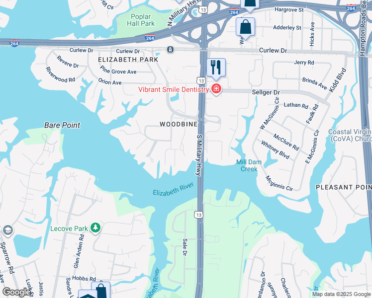 map of restaurants, bars, coffee shops, grocery stores, and more near 295 Corporate Boulevard in Norfolk