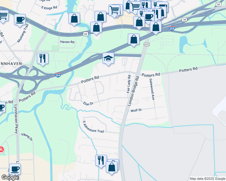 map of restaurants, bars, coffee shops, grocery stores, and more near 2244 Elon Drive in Virginia Beach