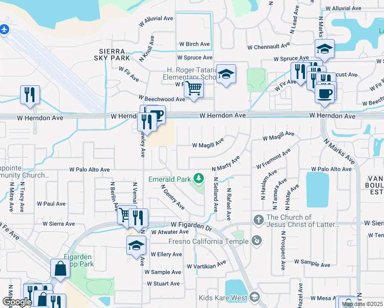 map of restaurants, bars, coffee shops, grocery stores, and more near 6625 North Knoll Avenue in Fresno