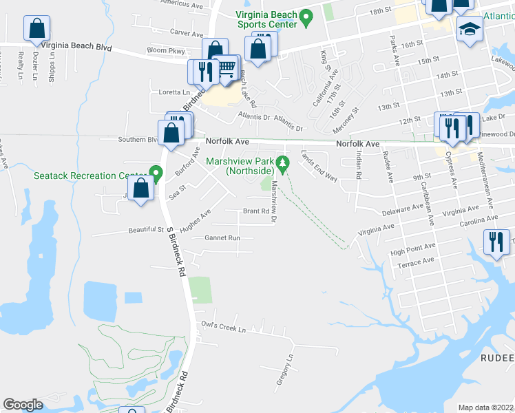 map of restaurants, bars, coffee shops, grocery stores, and more near 1320 Brant Road in Virginia Beach