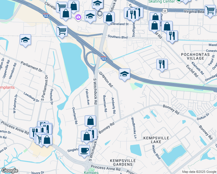map of restaurants, bars, coffee shops, grocery stores, and more near 238 Bowman Road in Virginia Beach