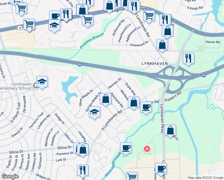 map of restaurants, bars, coffee shops, grocery stores, and more near 256 Pritchard Road in Virginia Beach