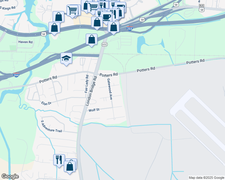 map of restaurants, bars, coffee shops, grocery stores, and more near 224 Gatewood Avenue in Virginia Beach