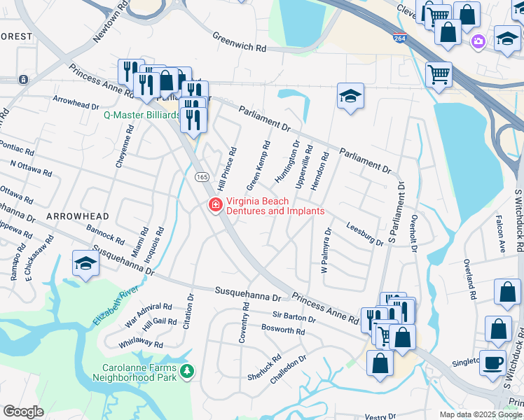 map of restaurants, bars, coffee shops, grocery stores, and more near 208 Newberry Court in Virginia Beach