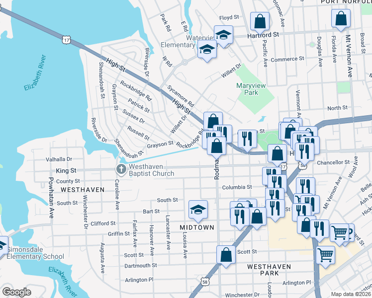 map of restaurants, bars, coffee shops, grocery stores, and more near 3820 King Street in Portsmouth