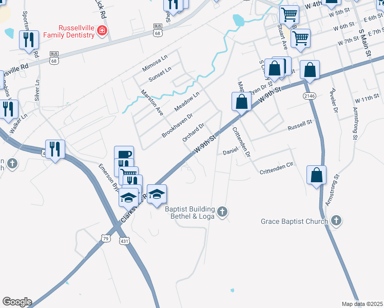 map of restaurants, bars, coffee shops, grocery stores, and more near U.S. 431 in Russellville