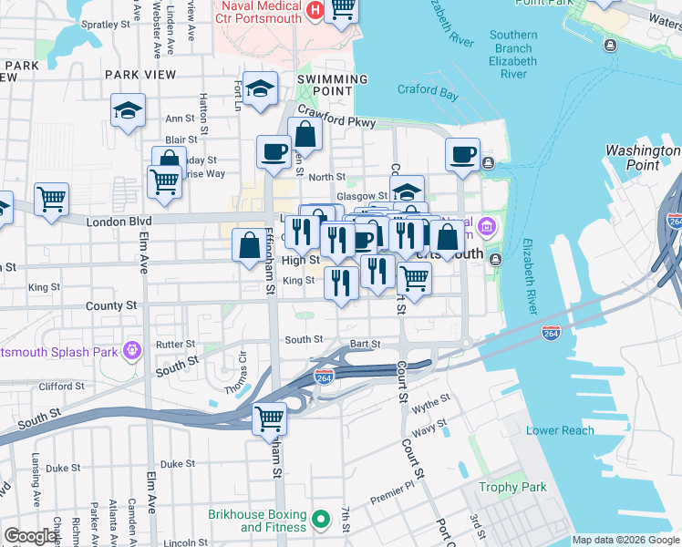 map of restaurants, bars, coffee shops, grocery stores, and more near 515 Washington Street in Portsmouth