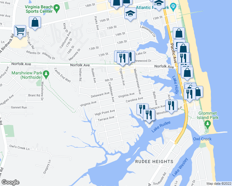 map of restaurants, bars, coffee shops, grocery stores, and more near 724 Delaware Avenue in Virginia Beach