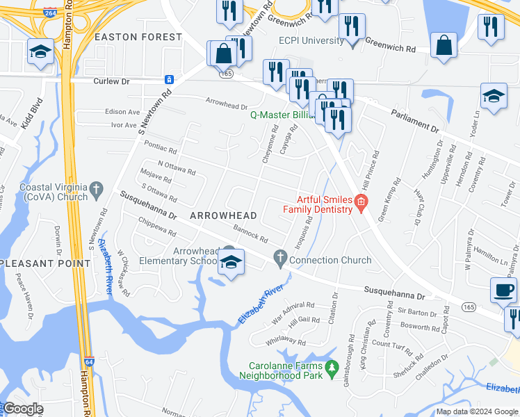 map of restaurants, bars, coffee shops, grocery stores, and more near 236 Cheyenne Road in Virginia Beach