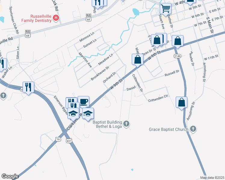 map of restaurants, bars, coffee shops, grocery stores, and more near 915 West 9th Street in Russellville