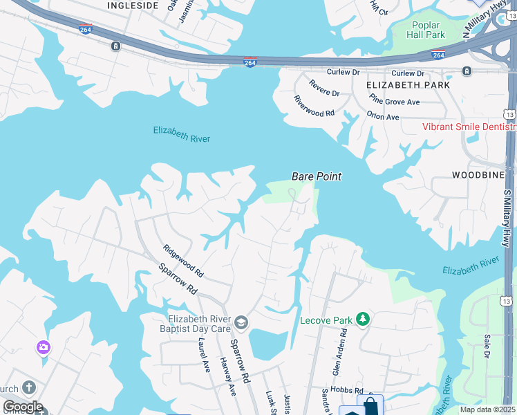 map of restaurants, bars, coffee shops, grocery stores, and more near 6605 Pinewood Court in Virginia Beach