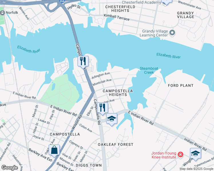 map of restaurants, bars, coffee shops, grocery stores, and more near 1806 Springfield Avenue in Norfolk