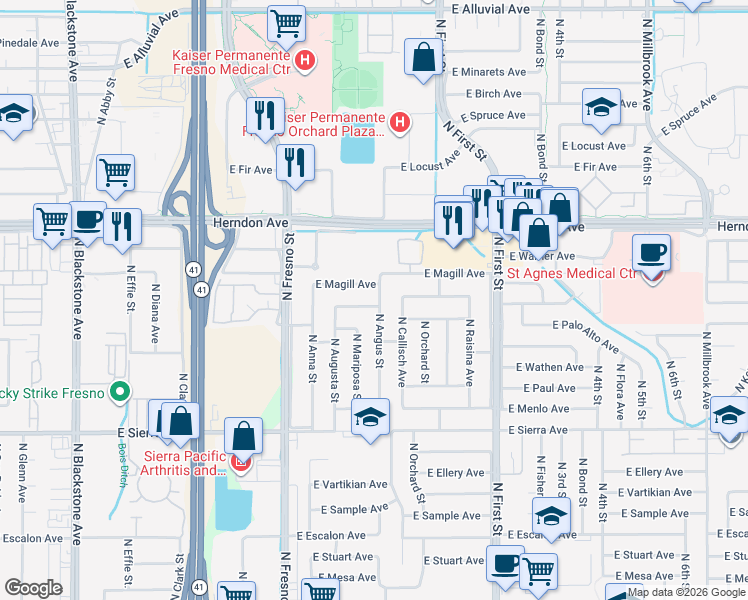 map of restaurants, bars, coffee shops, grocery stores, and more near 6596 North Mariposa Street in Fresno