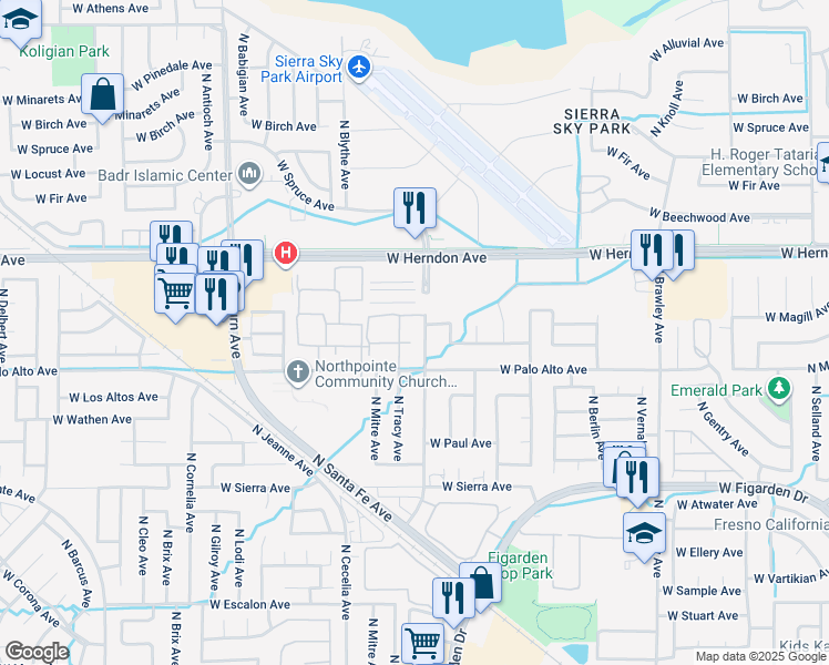 map of restaurants, bars, coffee shops, grocery stores, and more near 4464 West Palo Alto Avenue in Fresno