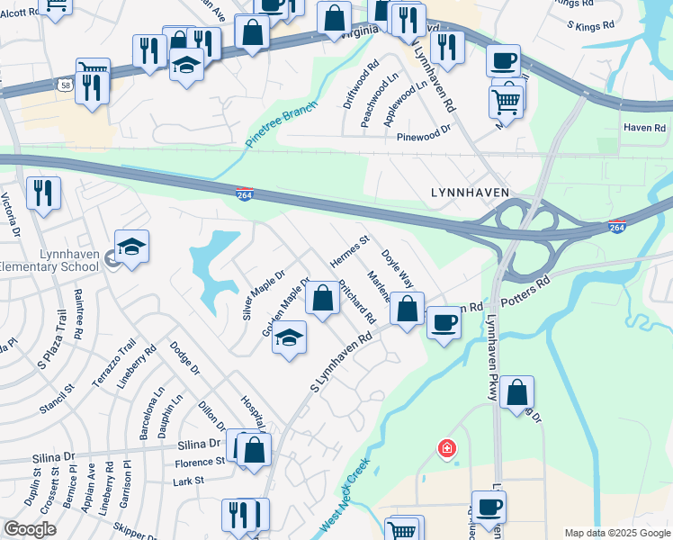 map of restaurants, bars, coffee shops, grocery stores, and more near 3000 Scarlet Oak Court in Virginia Beach