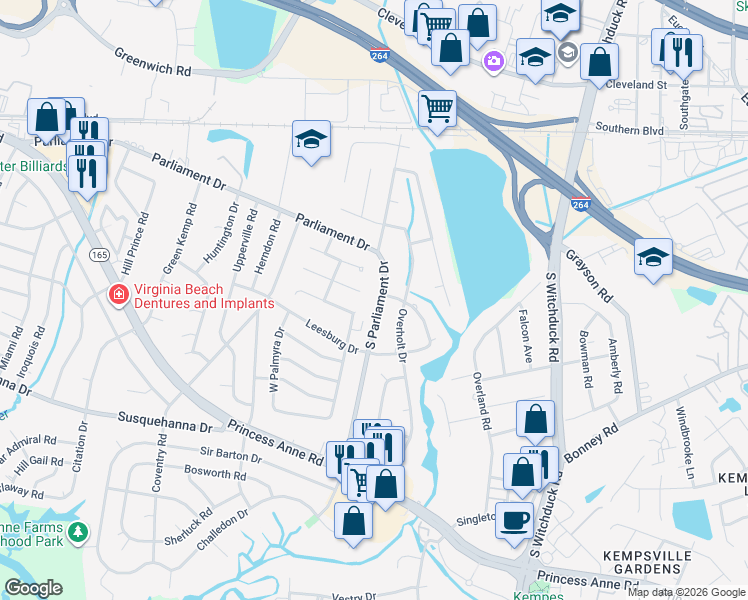 map of restaurants, bars, coffee shops, grocery stores, and more near 240 South Parliament Drive in Virginia Beach
