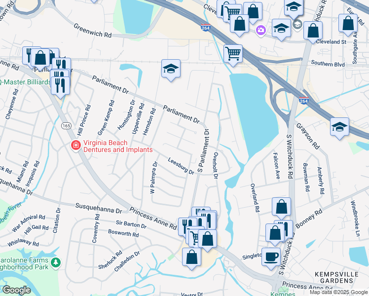 map of restaurants, bars, coffee shops, grocery stores, and more near 231 North Palmyra Drive in Virginia Beach