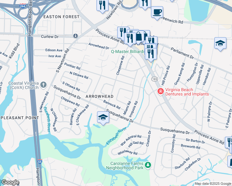 map of restaurants, bars, coffee shops, grocery stores, and more near 236 Cheyenne Road in Virginia Beach