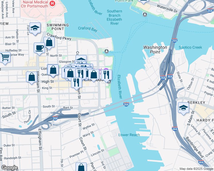map of restaurants, bars, coffee shops, grocery stores, and more near 1 Water Street in Portsmouth