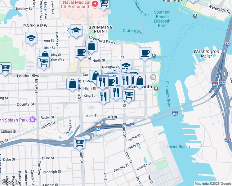 map of restaurants, bars, coffee shops, grocery stores, and more near 422 County Street in Portsmouth