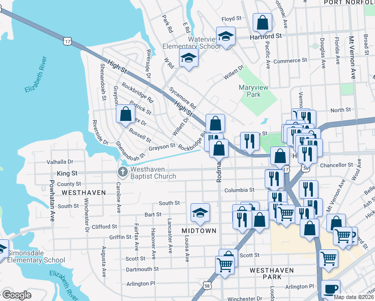 map of restaurants, bars, coffee shops, grocery stores, and more near 3820 King Street in Portsmouth