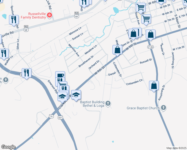 map of restaurants, bars, coffee shops, grocery stores, and more near 1001 West 9th Street in Russellville