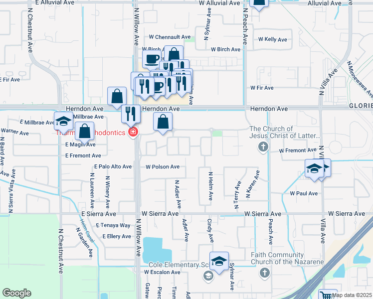 map of restaurants, bars, coffee shops, grocery stores, and more near 238 North Adler Avenue in Clovis
