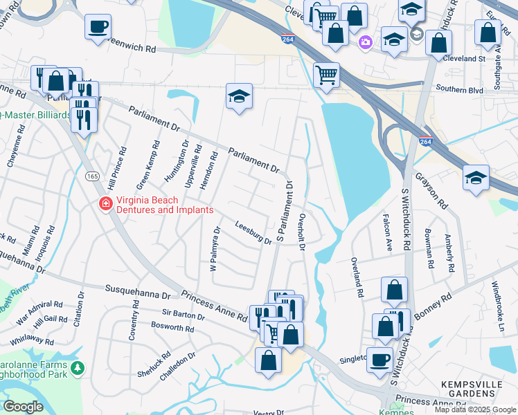 map of restaurants, bars, coffee shops, grocery stores, and more near 231 North Palmyra Drive in Virginia Beach
