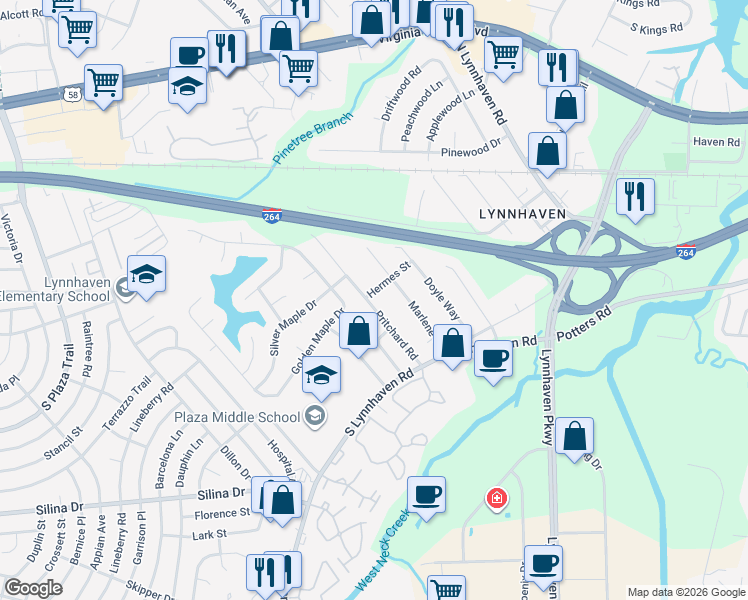 map of restaurants, bars, coffee shops, grocery stores, and more near 3000 Scarlet Oak Court in Virginia Beach