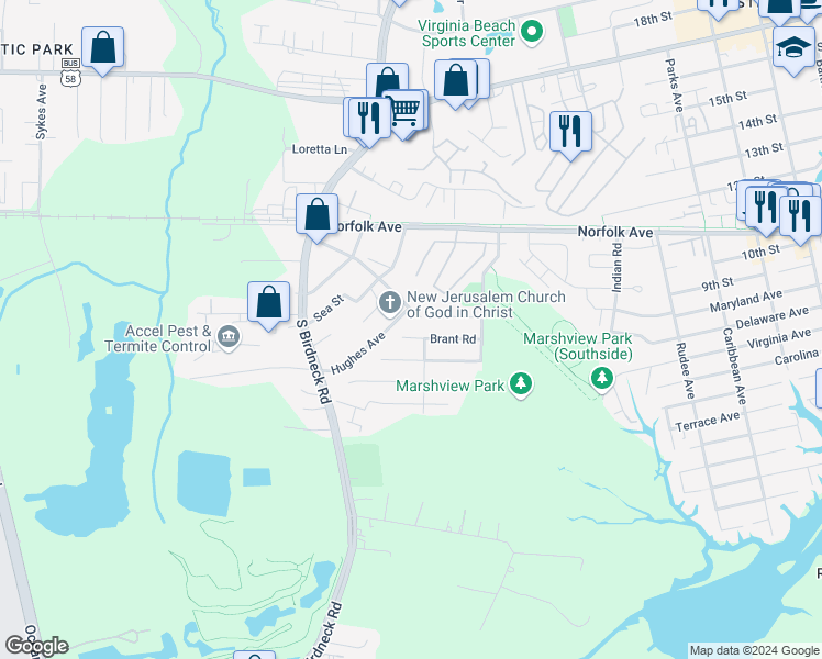 map of restaurants, bars, coffee shops, grocery stores, and more near 1408 Brant Road in Virginia Beach