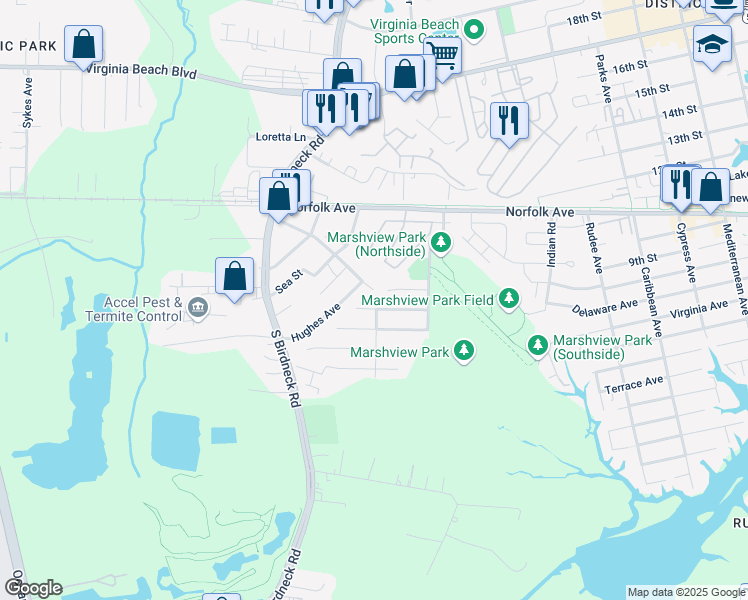 map of restaurants, bars, coffee shops, grocery stores, and more near 1402 Brant Road in Virginia Beach