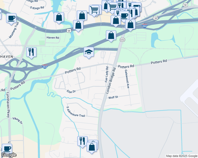 map of restaurants, bars, coffee shops, grocery stores, and more near 2244 Elon Drive in Virginia Beach
