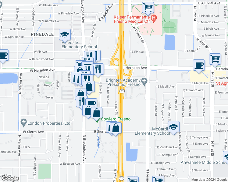 map of restaurants, bars, coffee shops, grocery stores, and more near 6649 North Clark Street in Fresno