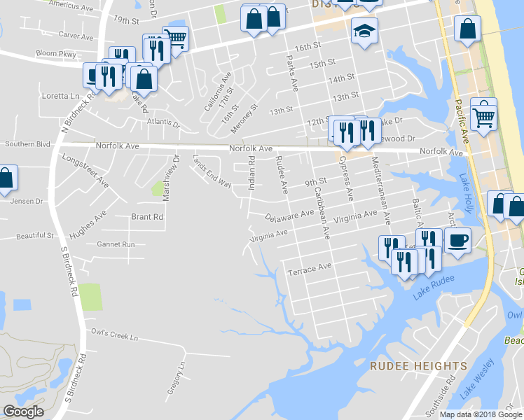 map of restaurants, bars, coffee shops, grocery stores, and more near 929 Delaware Avenue in Virginia Beach
