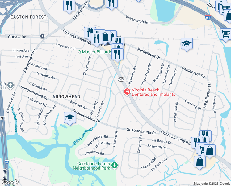 map of restaurants, bars, coffee shops, grocery stores, and more near 5537 Hatteras Road in Virginia Beach