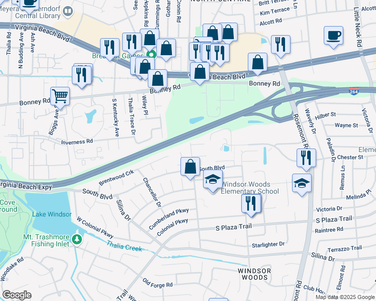map of restaurants, bars, coffee shops, grocery stores, and more near 3728 Palace Place in Virginia Beach