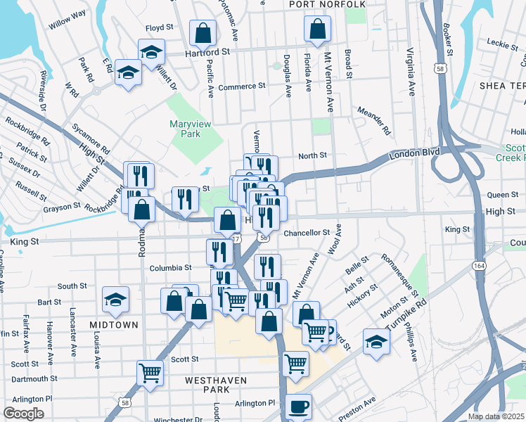 map of restaurants, bars, coffee shops, grocery stores, and more near 3100 London Boulevard in Portsmouth