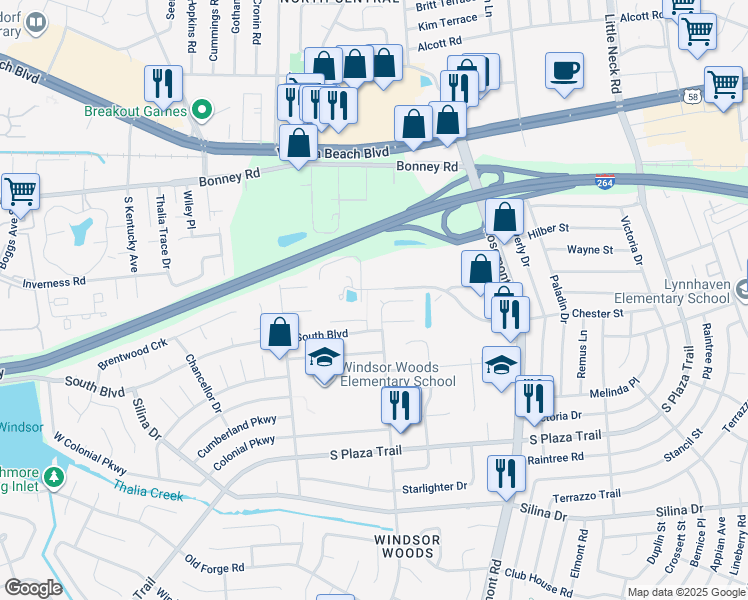 map of restaurants, bars, coffee shops, grocery stores, and more near 133 Presidential Boulevard in Virginia Beach